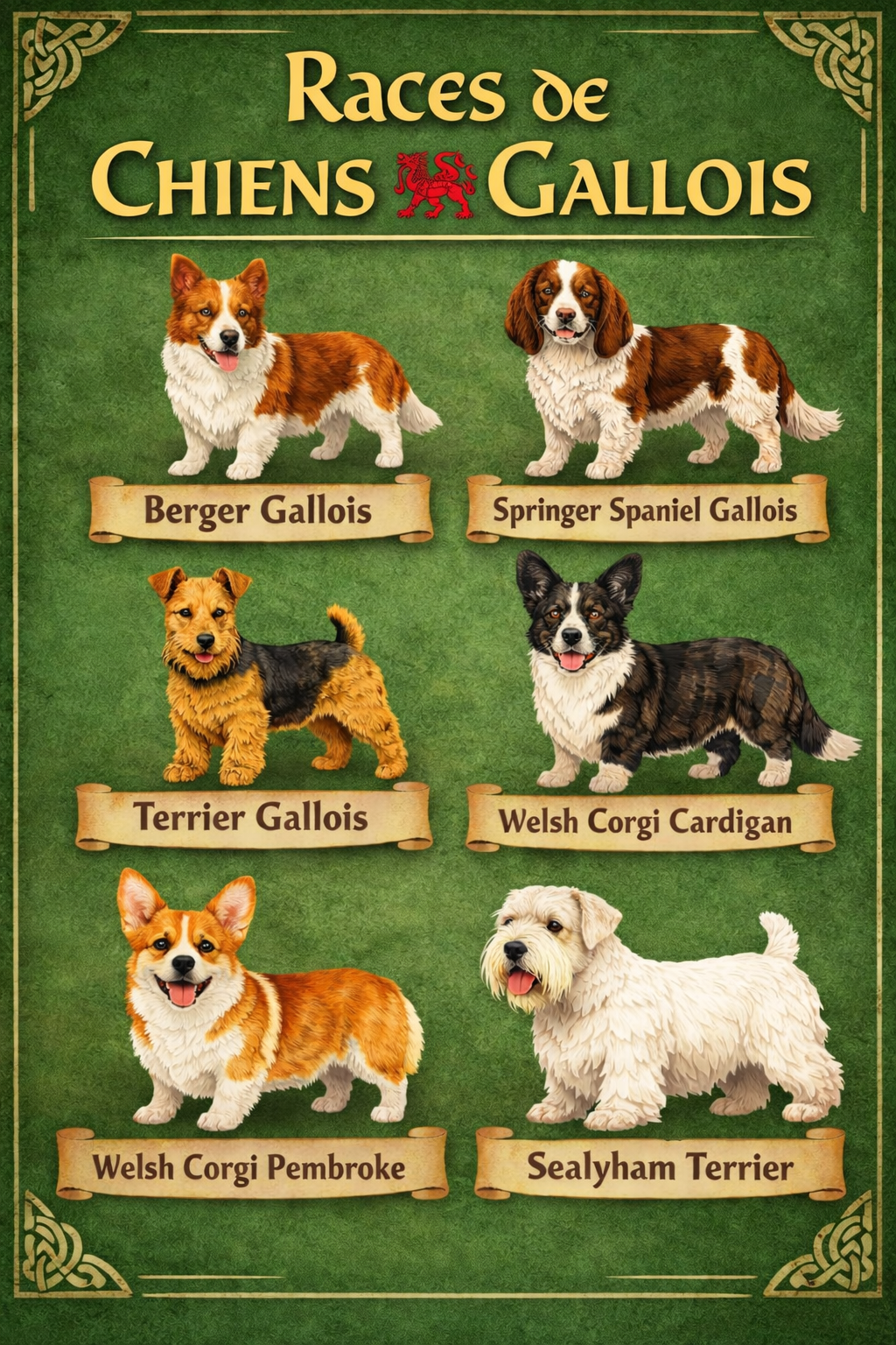 la nationalite des chiens 10 galles la nationalite des chiens - Infographie des chiens gallois : Berger gallois, Springer spaniel gallois, Terrier gallois, Welsh Corgi Cardigan, Welsh Corgi Pembroke et Sealyham Terrier