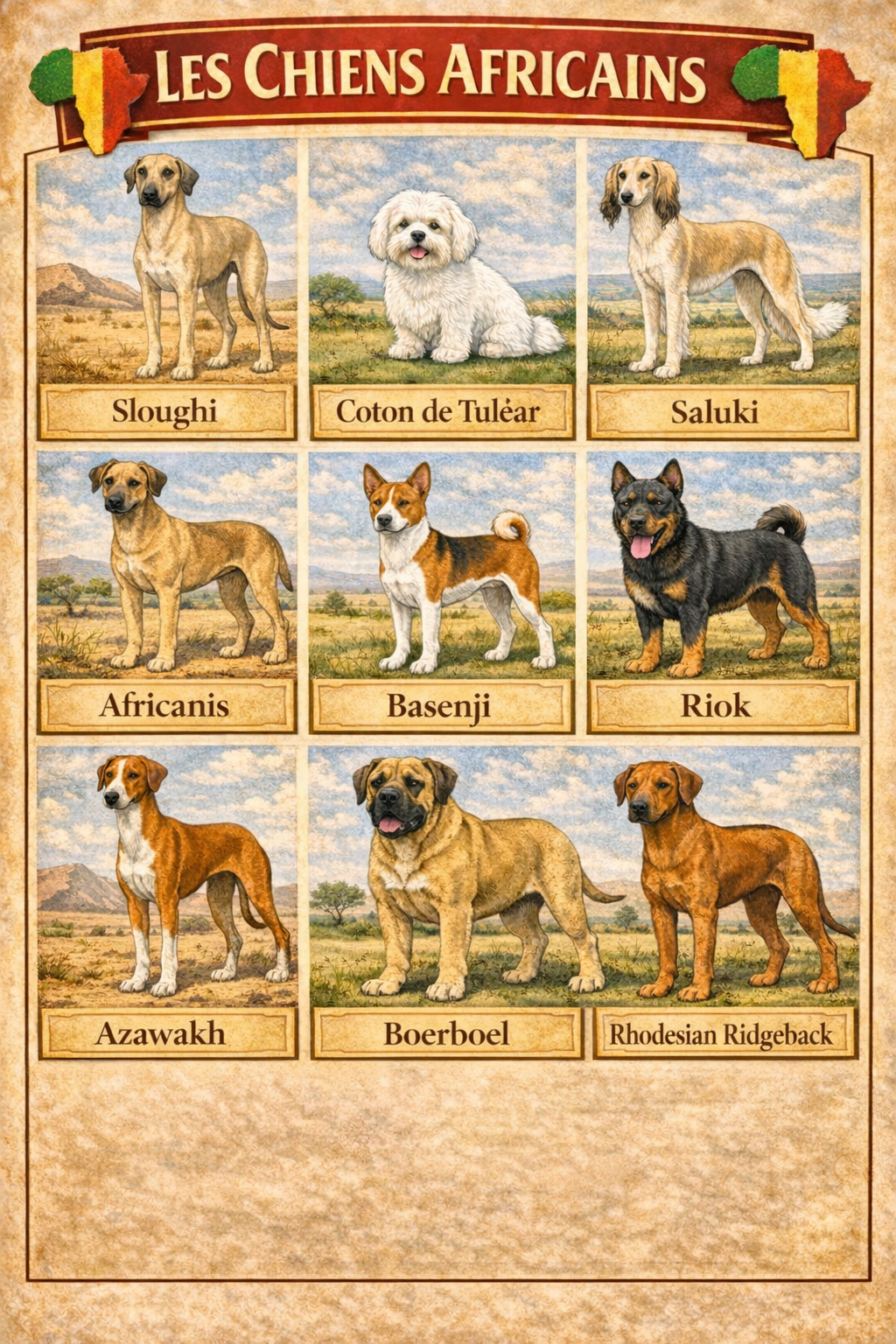 la nationalite des chiens 18 afrique la nationalite des chiens 18 afrique - Infographie des chiens africains : Sloughi, Coton de Tuléar, Saluki, Africanis, Basenji, Riok, Azawakh, Boerboel et Rhodesian Ridgeback