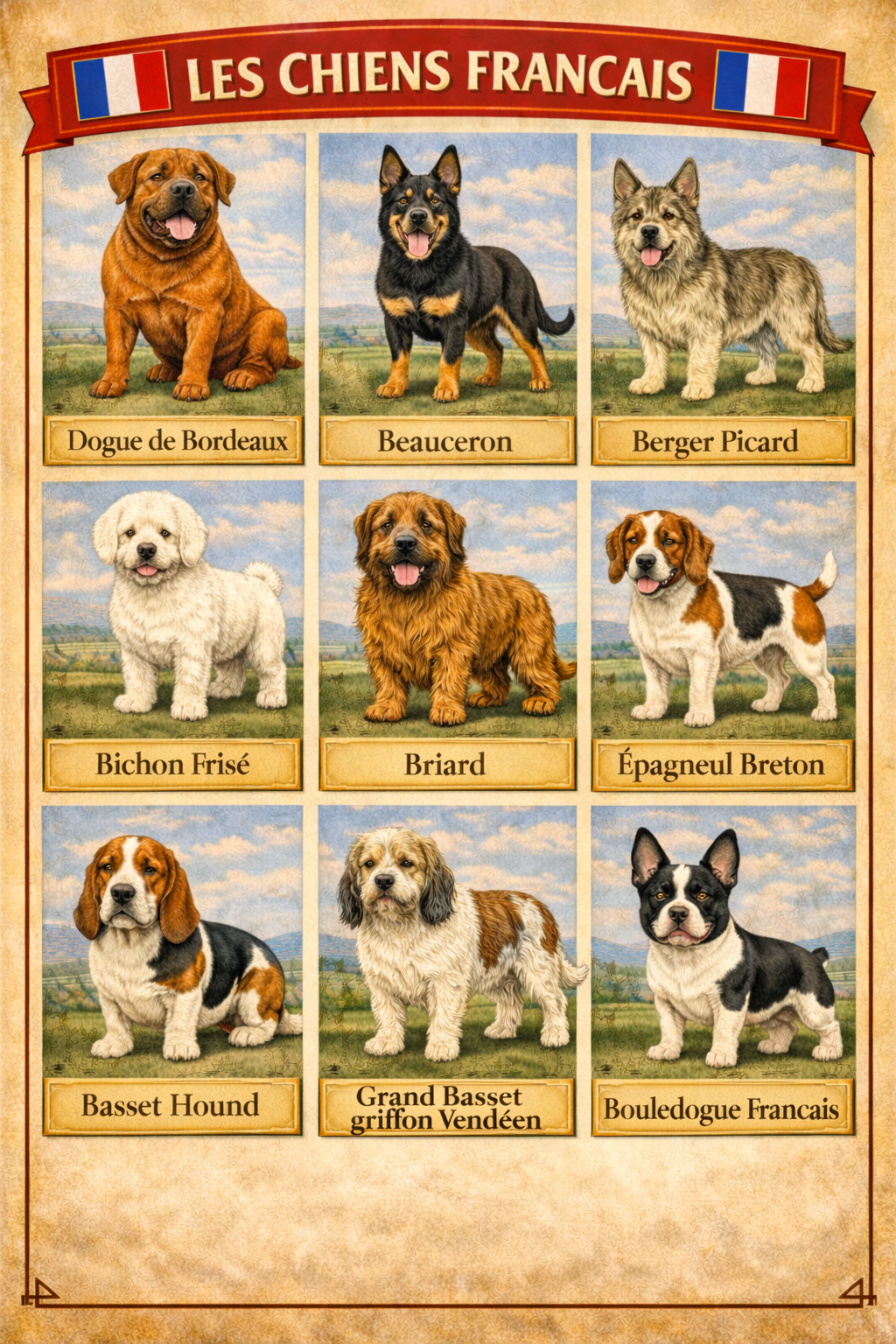 la nationalite des chiens 5 france 1 la nationalite des chiens 5 france - Infographie des chiens français : Dogue de Bordeaux, Beauceron, Berger picard, Bichon frisé, Briard, Épagneul breton, Basset hound, Grand basset griffon vendéen et Bouledogue français