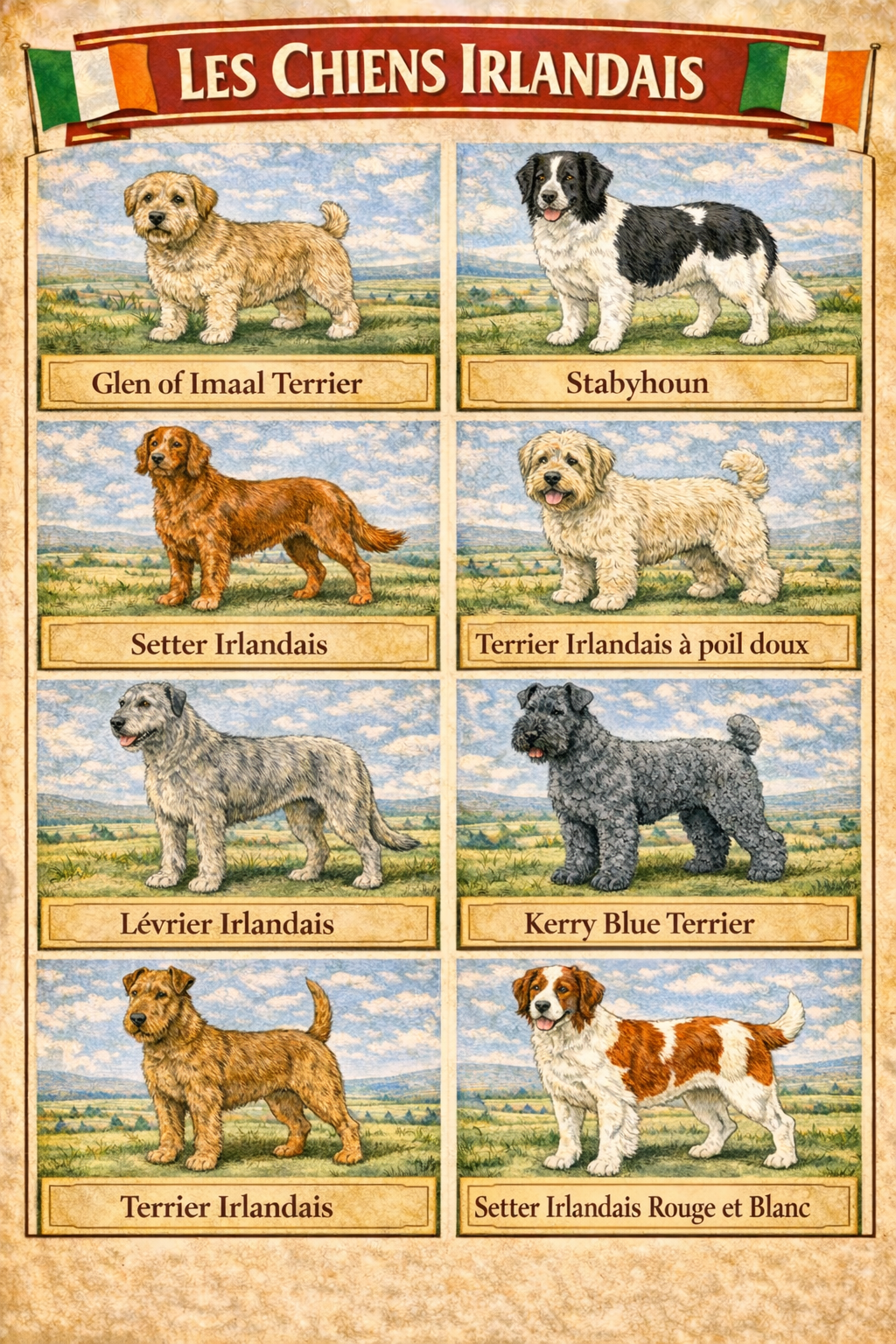 la nationalite des chiens 6 irlande la nationalite des chiens 6 irlande - Infographie des chiens irlandais : Glen of Imaal Terrier, stabyhoun, Terrier irlandais, Setter irlandais, Terrier irlandais à poil doux, Lévrier irlandais, Kerry Blue Terrier et Setter irlandais rouge et blanc