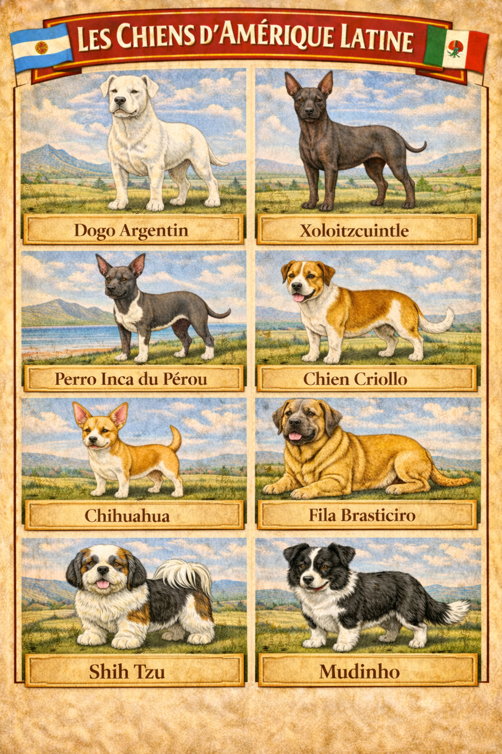 la nationalite des chiens 7 amerique latine la nationalite des chiens - Infographie des chiens d’Amérique latine : Dogo argentin, Xoloitzcuintle, perro inca du Pérou, chien criollo, chihuahua, fila brasileiro, shih-tzu, fаila et mudinho