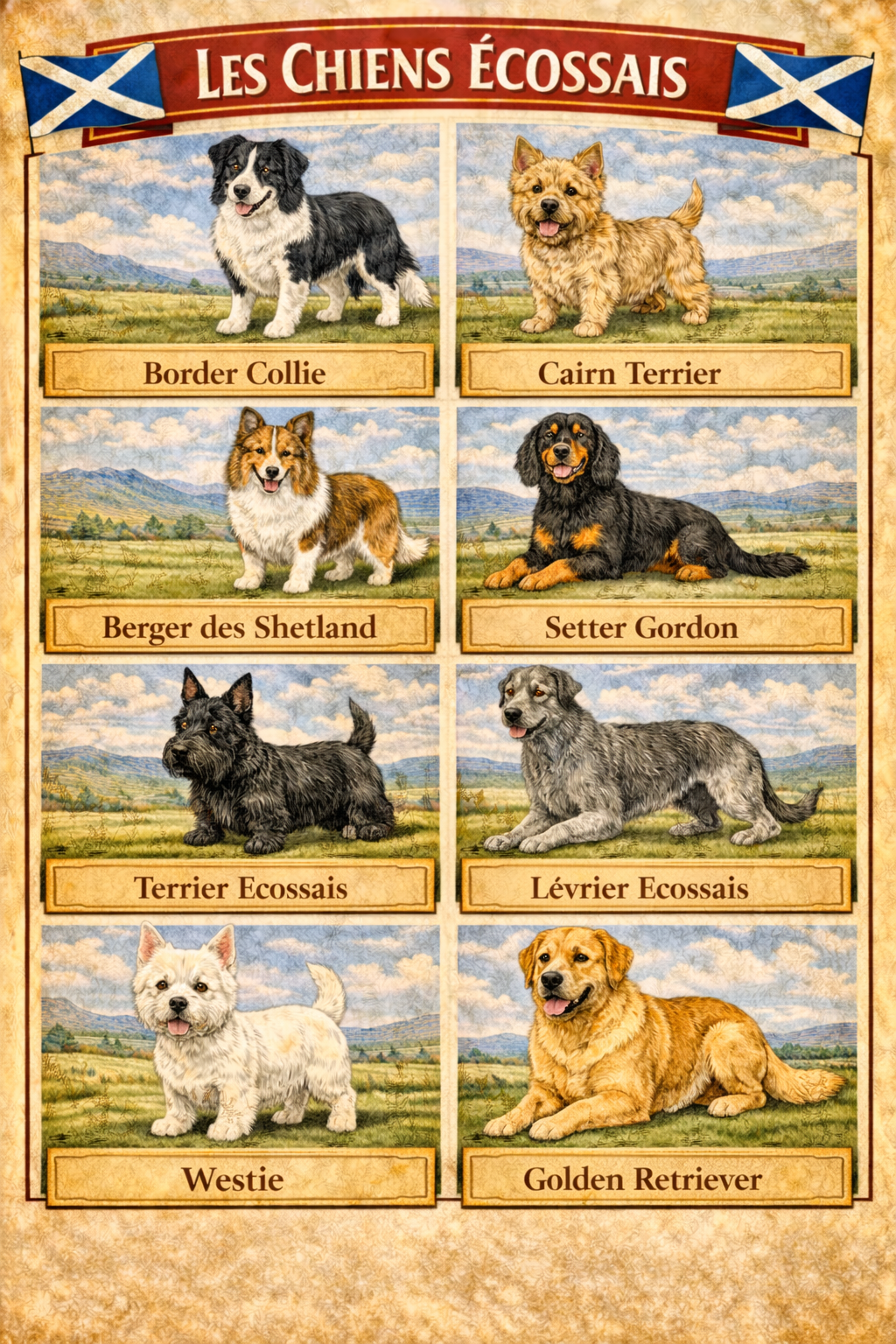 la nationalite des chiens 8 ecosse la nationalite des chiens - Infographie des chiens écossais : Border Collie, Cairn Terrier, Berger des Shetland, Setter Gordon, Terrier écossais, Lévrier écossais, Westie et Golden Retriever