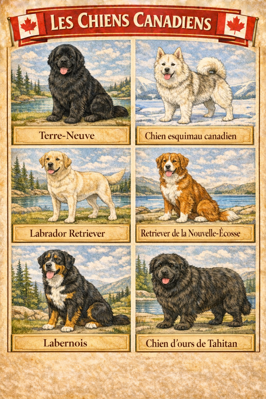 la nationalite des chiens 9 canada la nationalite des chiens 9 canada - Infographie des chiens canadiens avec Terre-Neuve, chien esquimau canadien, Labrador Retriever, retriever de la Nouvelle-Écosse, Labernois et chien d’ours de Tahltan
