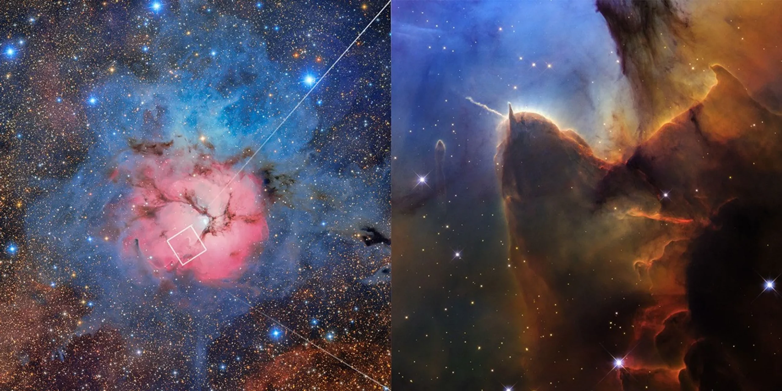 la nebuleuse trifide par hubble un citron de mer cosmique ou naissent des etoiles 2 Vue large de la nébuleuse Trifide par l’observatoire Vera C. Rubin, avec l’encadré montrant la zone observée en détail par Hubble.
