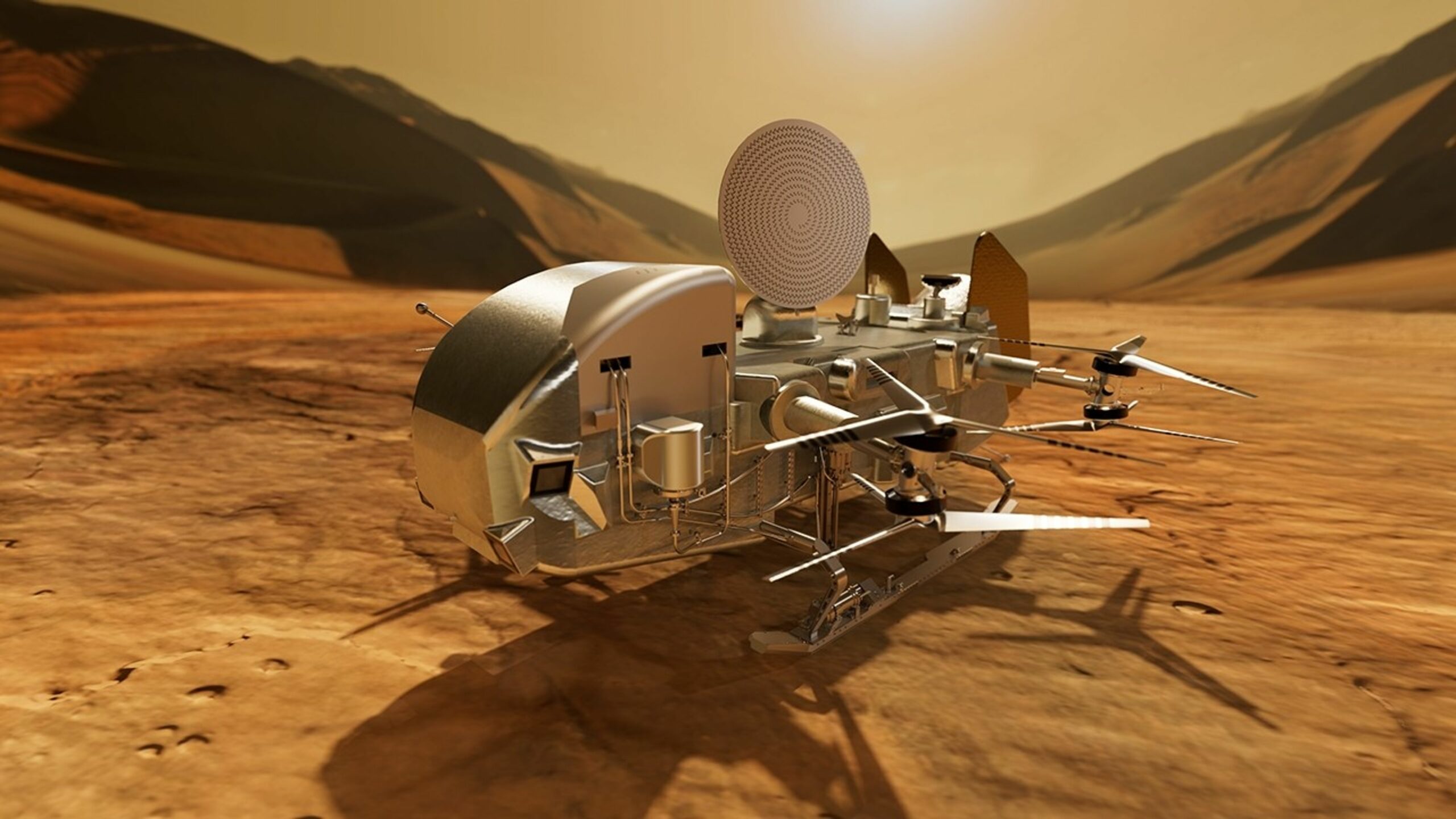 drone dragonfly surface titan nasa Vue d’artiste du drone Dragonfly posé à la surface de Titan