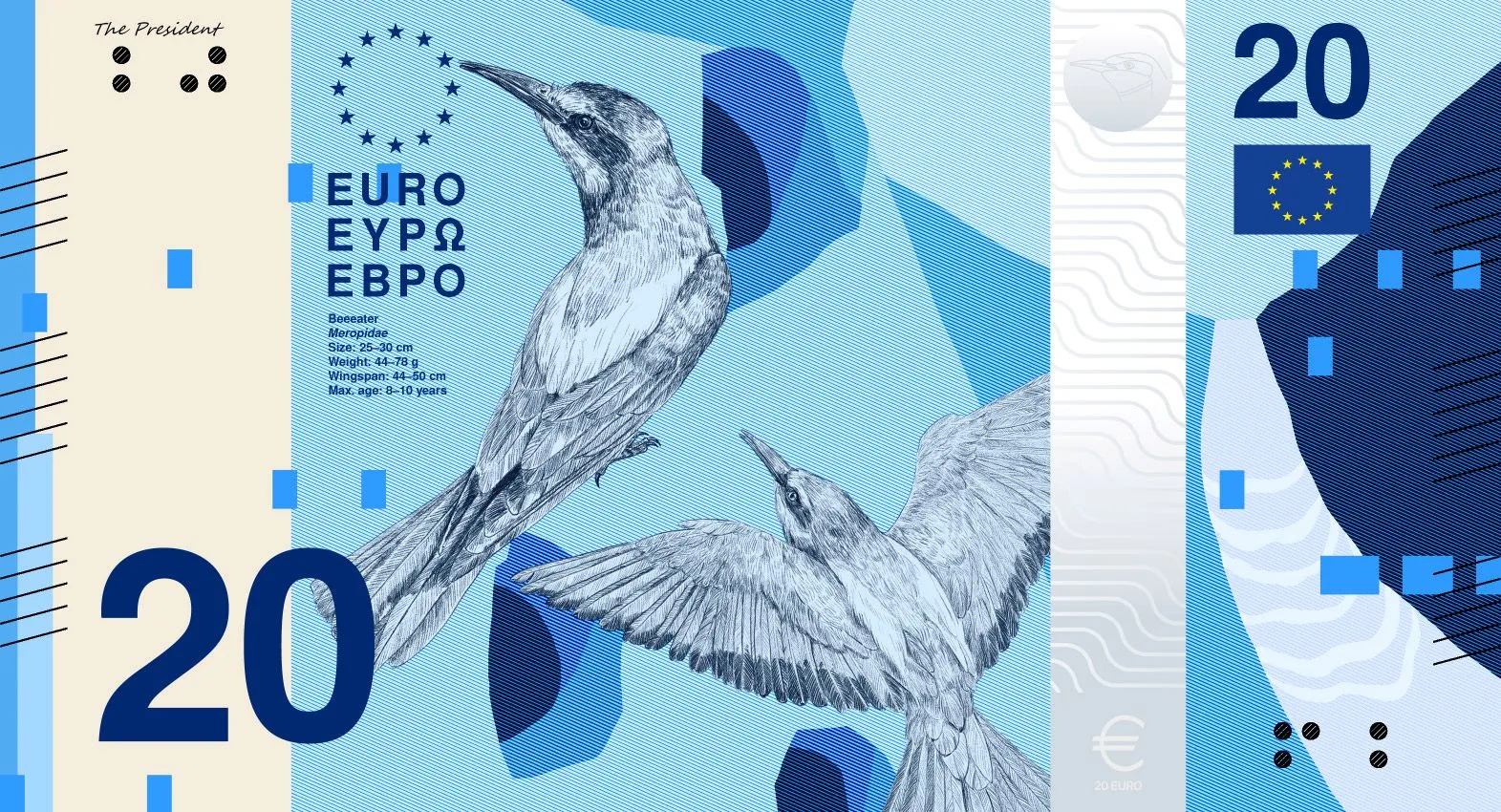 Projet B de nouveau billet de 20 euros montrant des guêpiers d’Europe et des informations naturalistes Projet B de nouveau billet de 20 euros montrant des guêpiers d’Europe et des informations naturalistes