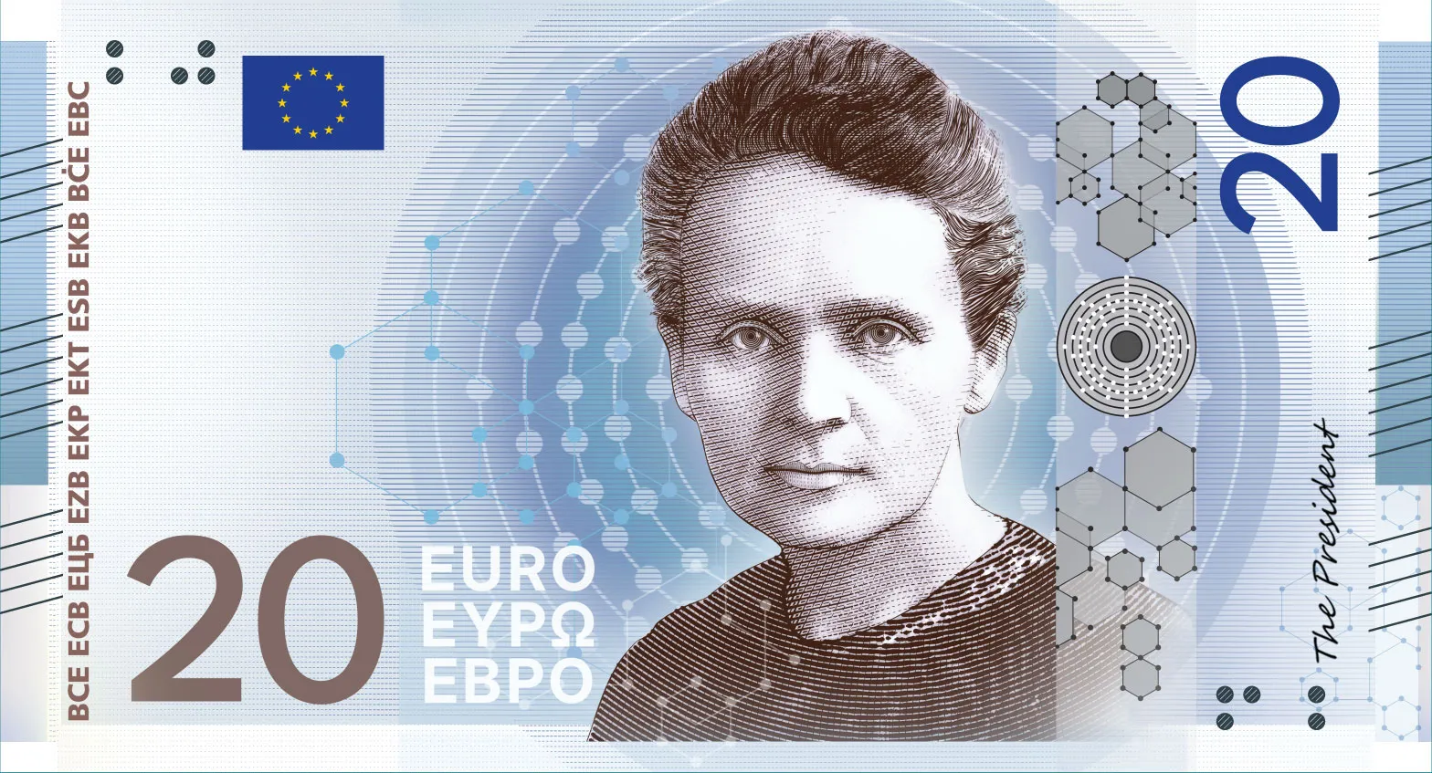 Projet E de nouveau billet de 20 euros avec un portrait gravé de Marie Curie et des symboles scientifiques Projet E de nouveau billet de 20 euros avec un portrait gravé de Marie Curie et des symboles scientifiques