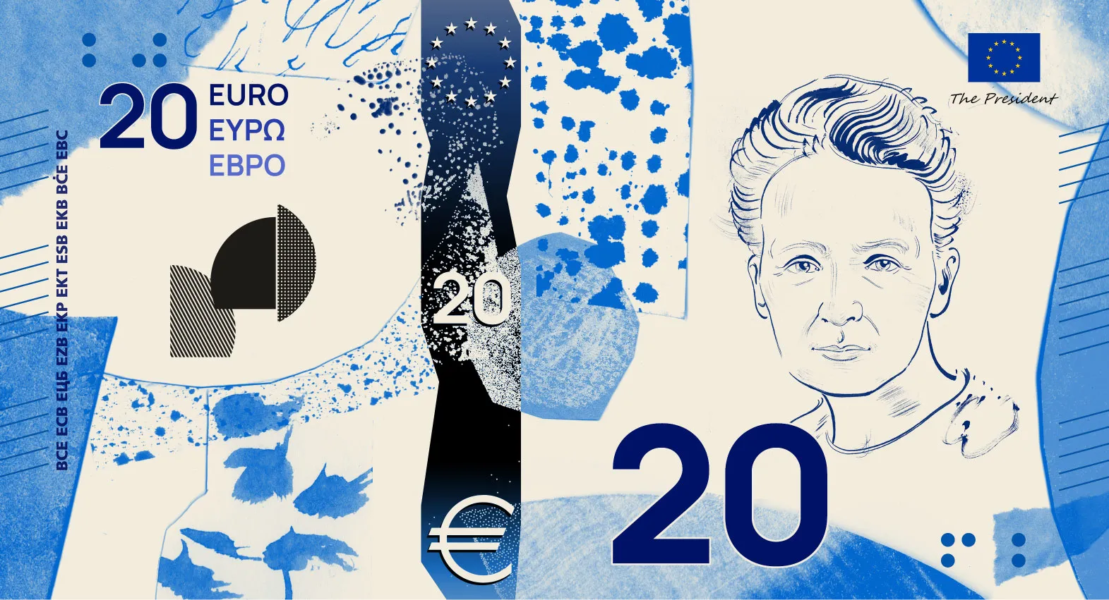nouveaux billets euros design f marie curie 20 euros Projet F de futur billet de 20 euros avec un portrait dessiné de Marie Curie dans un collage bleu