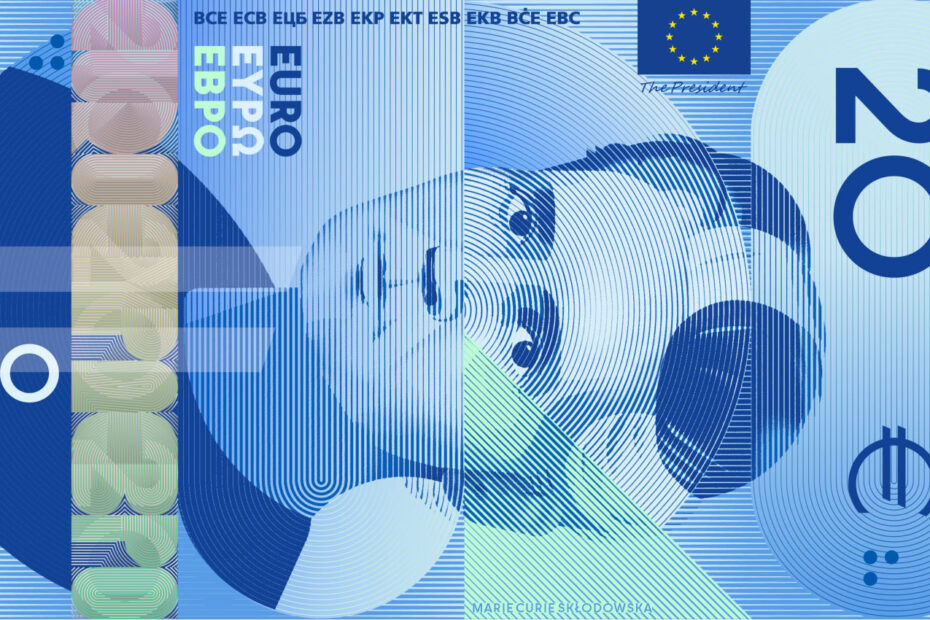 Proposition de nouveau billet de 20 euros avec le portrait de Marie Curie, design G présélectionné par la BCE