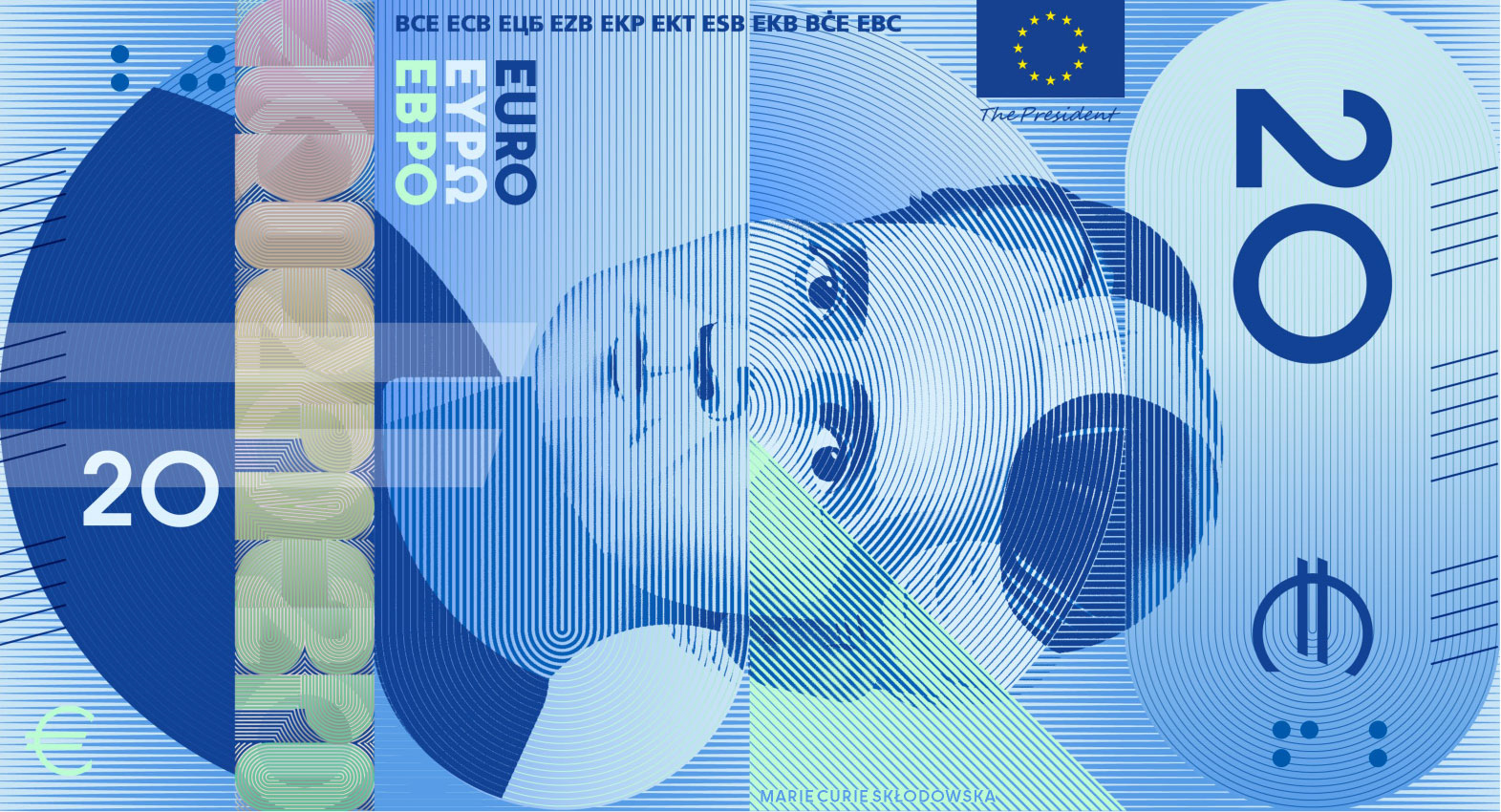 Proposition de nouveau billet de 20 euros avec le portrait de Marie Curie, design G présélectionné par la BCE Proposition de nouveau billet de 20 euros avec le portrait de Marie Curie, design G présélectionné par la BCE