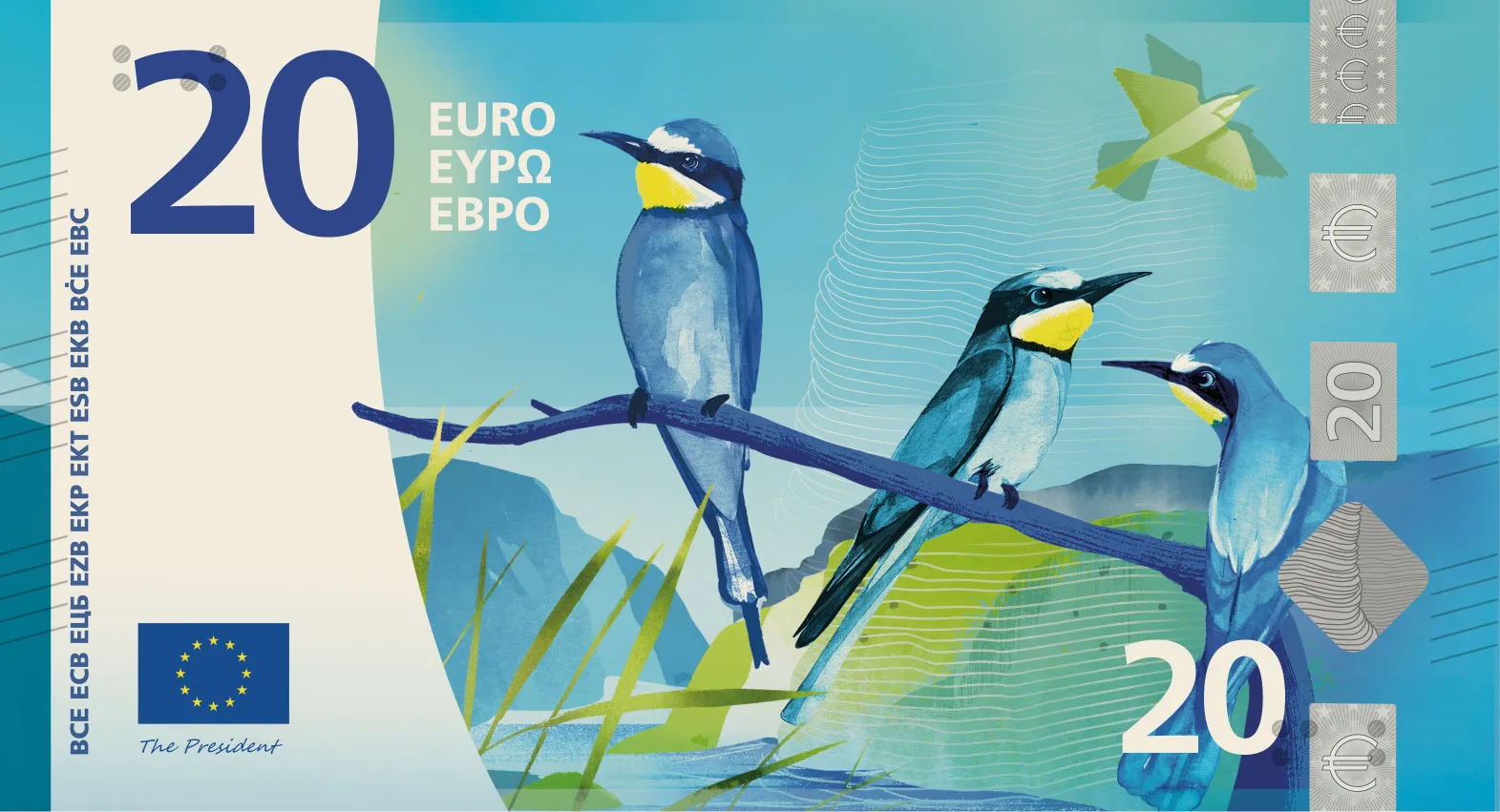 nouveaux billets euros design h guepiers 20 euros Projet H de nouveau billet de 20 euros illustré avec trois guêpiers d’Europe colorés