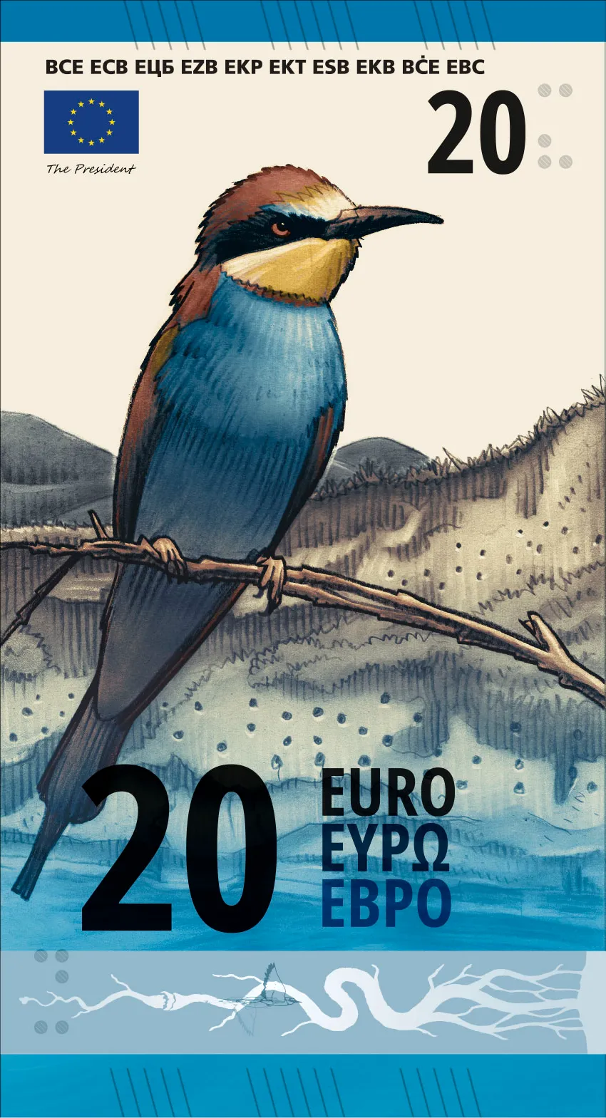 Projet J de nouveau billet de 20 euros avec un guêpier dessiné dans une vallée fluviale Projet J de nouveau billet de 20 euros avec un guêpier dessiné dans une vallée fluviale