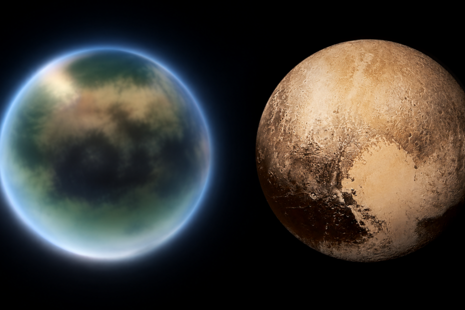 Titan observé par le télescope James Webb aux côtés de Pluton photographiée par New Horizons