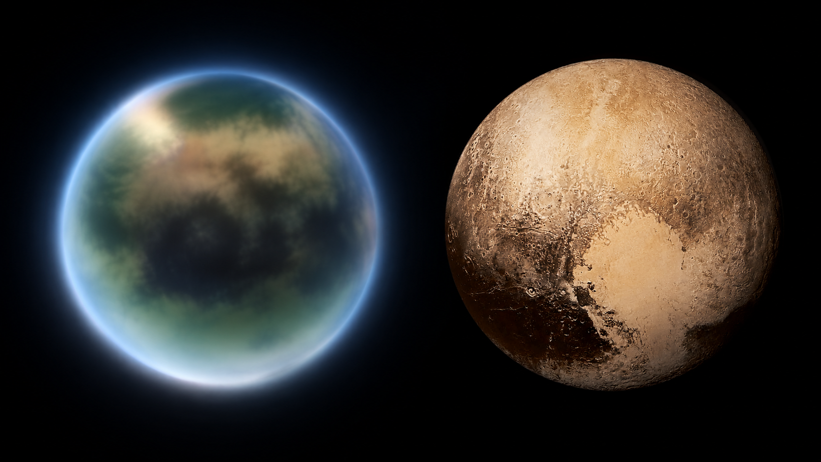 substance inconnue titan pluton james webb Titan observé par le télescope James Webb aux côtés de Pluton photographiée par New Horizons