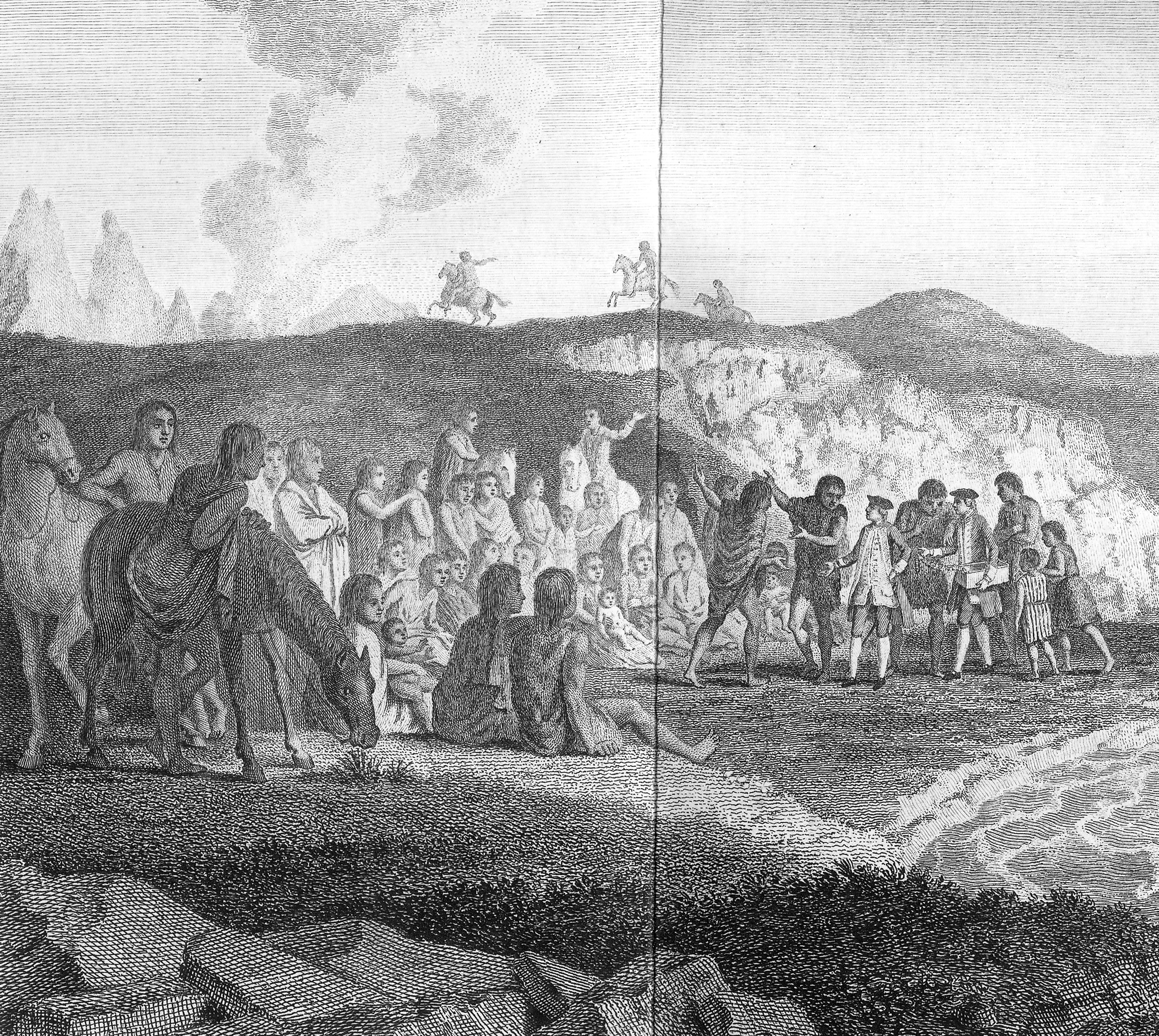 illustration ancienne de John Byron rencontrant les géants de Patagonie illustration ancienne de John Byron rencontrant les géants de Patagonie