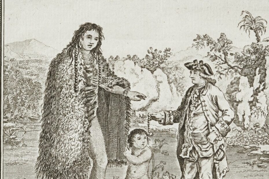 gravure ancienne représentant une géante de Patagonie face au commodore John Byron