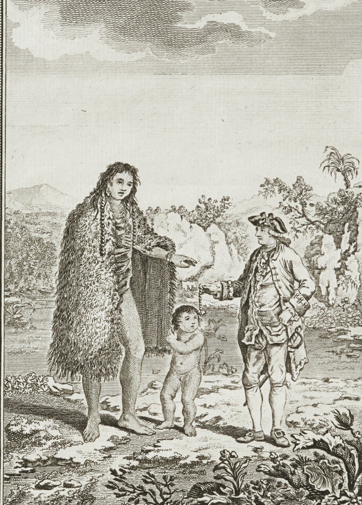 geante de patagonie john byron 1784 gravure ancienne représentant une géante de Patagonie face au commodore John Byron