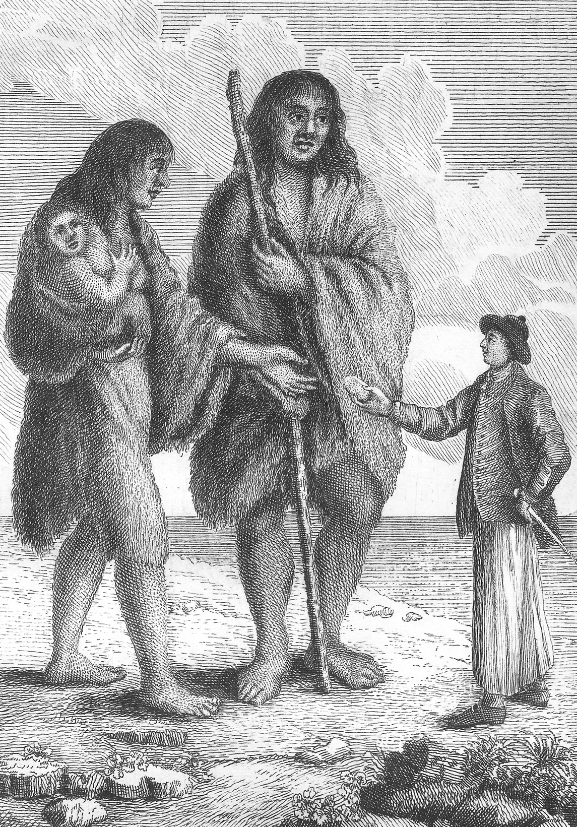 gravure ancienne d'une géante de Patagonie face à un marin européen gravure ancienne d'une géante de Patagonie face à un marin européen