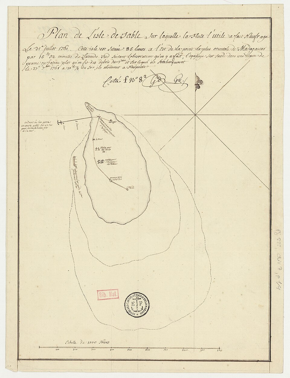 Plan de l’île de Sable après le naufrage de L’Utile en 1761 Plan de l’île de Sable après le naufrage de L’Utile en 1761