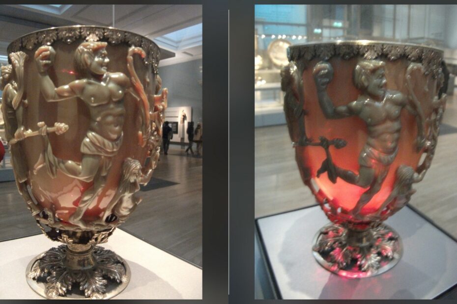 Coupe de Lycurgue, montrant la différence de couleur du verre romain selon l'éclairage