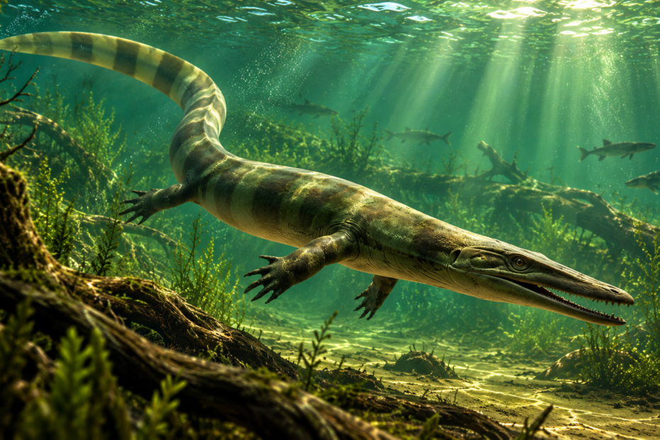 Reconstitution de Garamaudo bauciensis, mosasaure d'eau douce vivant dans un lac de Provence il y a 84 millions d'années