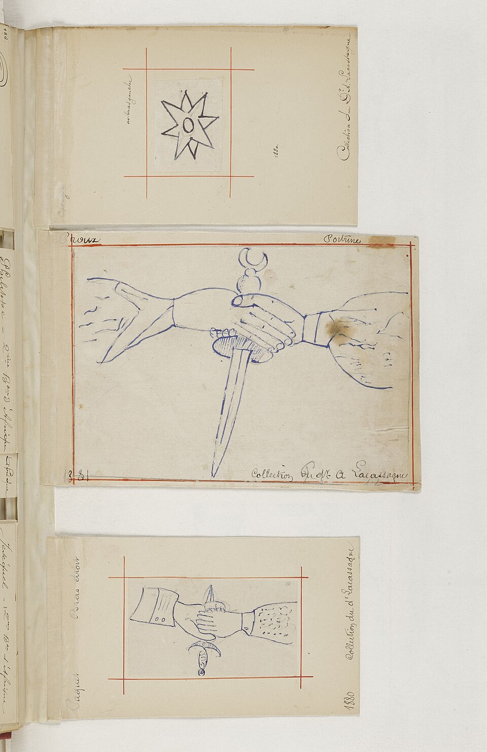 mains poignard tatouage lacassagne 1880 Tatouage de mains entrelacées autour d'un poignard recueilli par Alexandre Lacassagne vers 1880