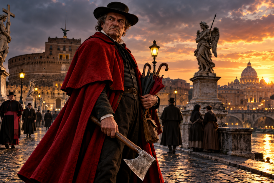 Reconstitution de Mastro Titta, bourreau des papes, sur le pont Saint-Ange à Rome, avec son manteau rouge et une hache