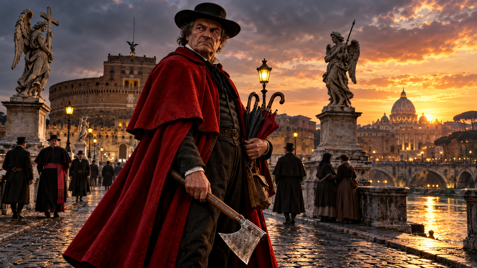 mastro titta bourreau des papes pont saint ange Reconstitution de Mastro Titta, bourreau des papes, sur le pont Saint-Ange à Rome, avec son manteau rouge et une hache