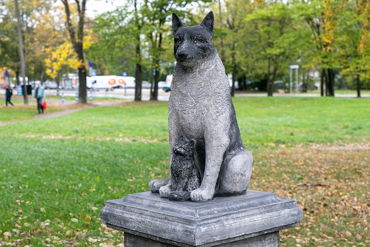 statue zorik chien tallinn Statue de Žorik et du petit chat à ses pattes devant le centre Arsenal à Tallinn
