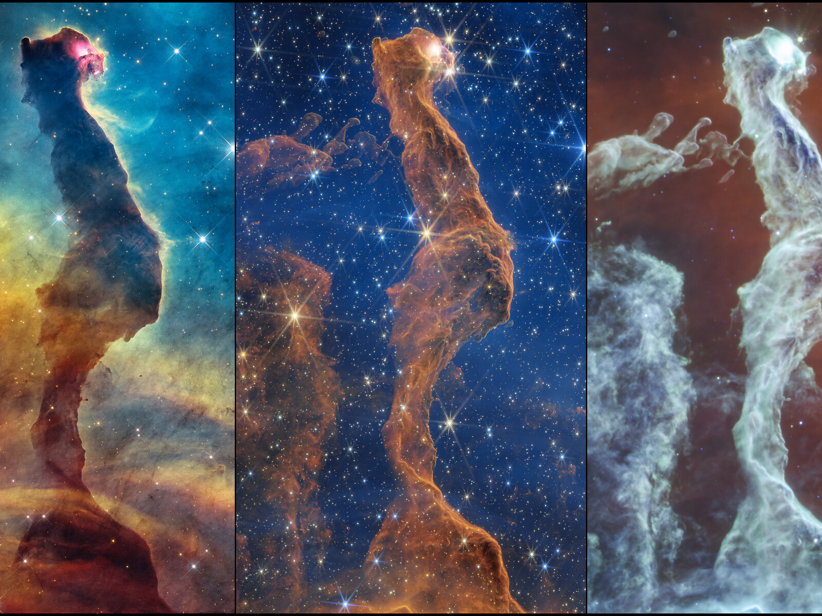 tete chat hubble webb comparaison Comparaison de la nébuleuse en forme de tête de chat observée par Hubble, James Webb NIRCam et MIRI à différentes longueurs d'onde